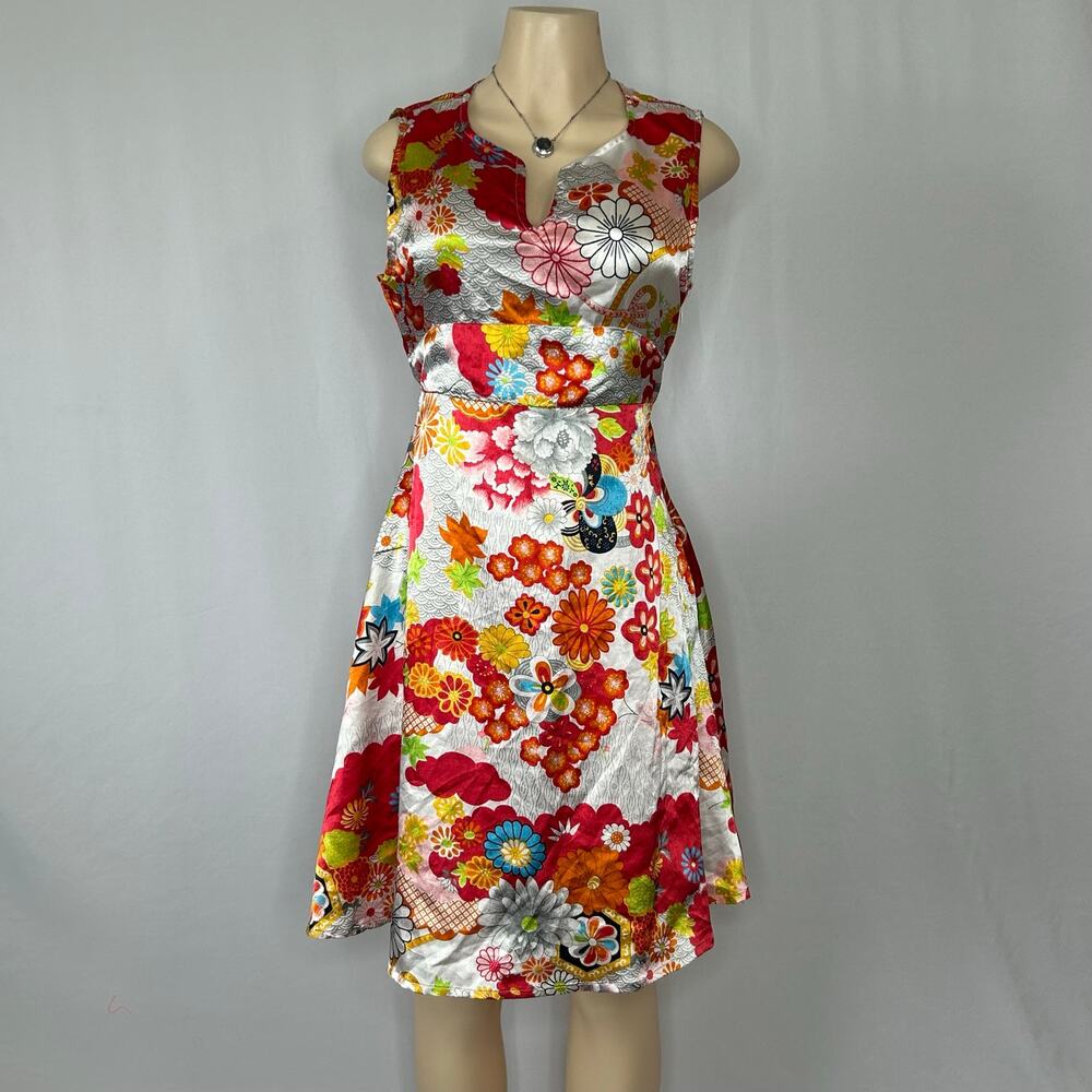 Voile Floral Satin Shift Dress Women’s Medium Retro Mod Boho Belted Sleeveless